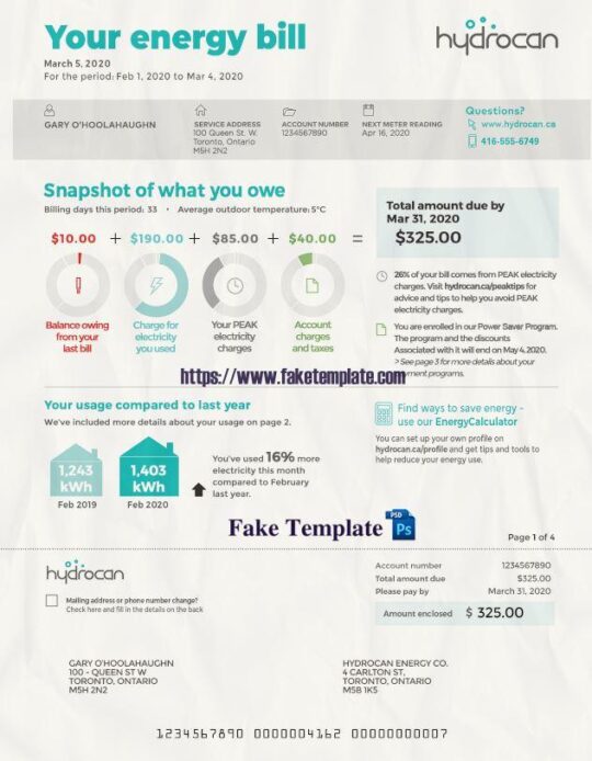 Canada Ontario Utility Bill Psd Template : Canada Ontario Proof of address Psd Template
