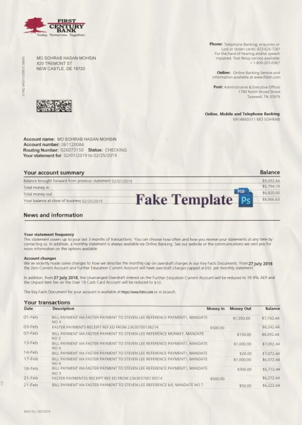 First Century Bank Statement psd Template : Payoneer Bank Statement