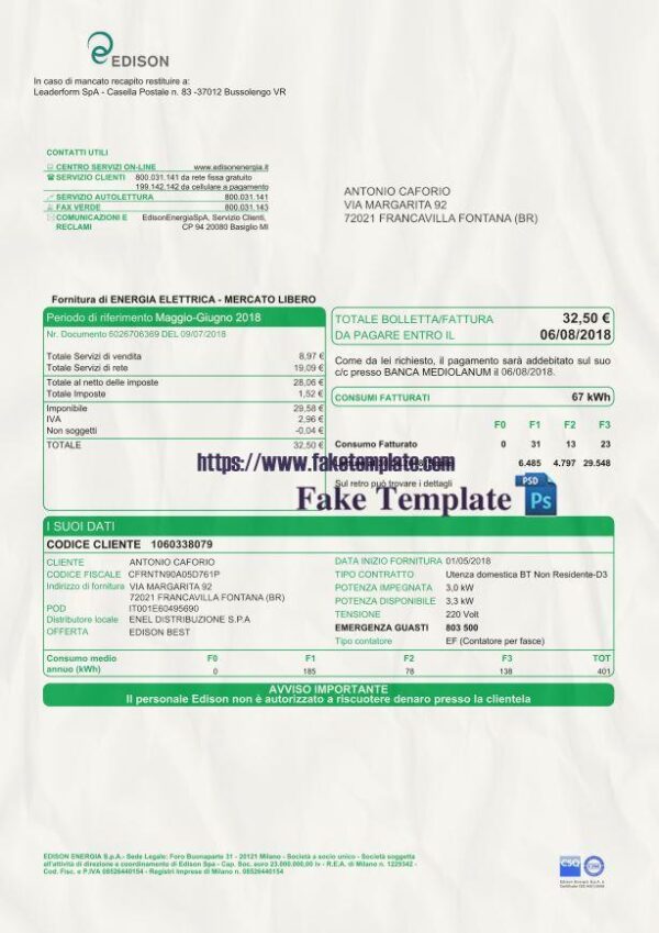 Italy Utility Bill Psd Template : Italy Proof of address Psd Template V2