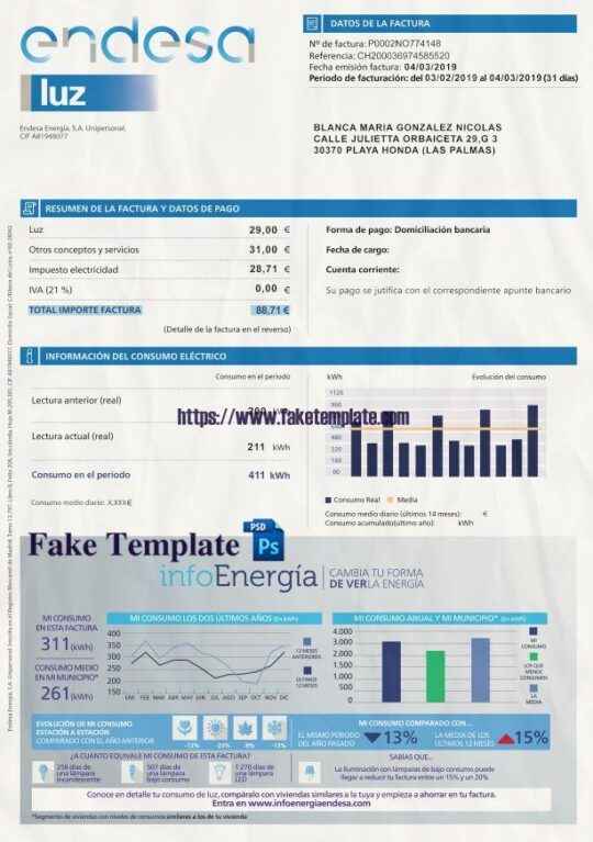 Spain Utility Bill Psd Template : Spain Proof of address Psd Template V2