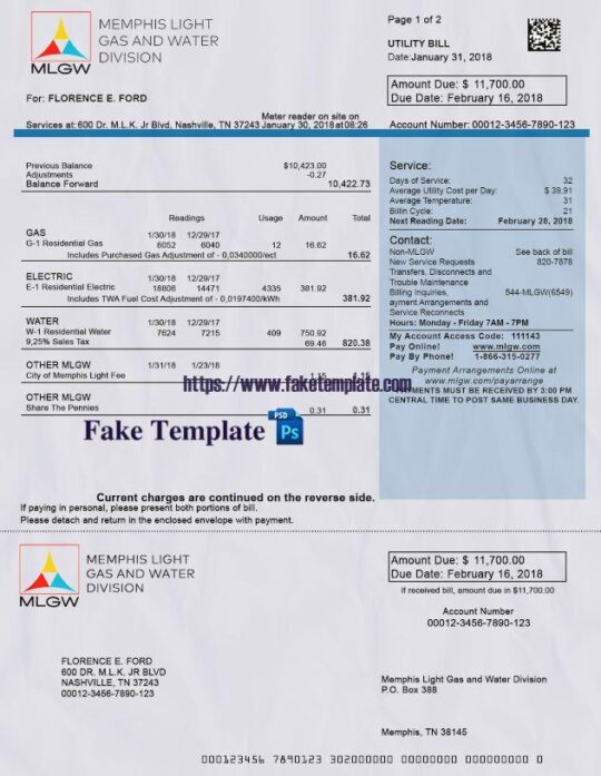 Tennessee Utility Bill Psd Template : Tennessee Proof of address Psd Template
