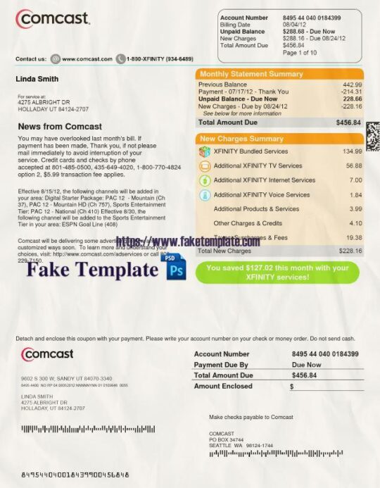 USA Comcast Utility Bill Psd Template V1 : USA Comcast Proof of address Psd Template