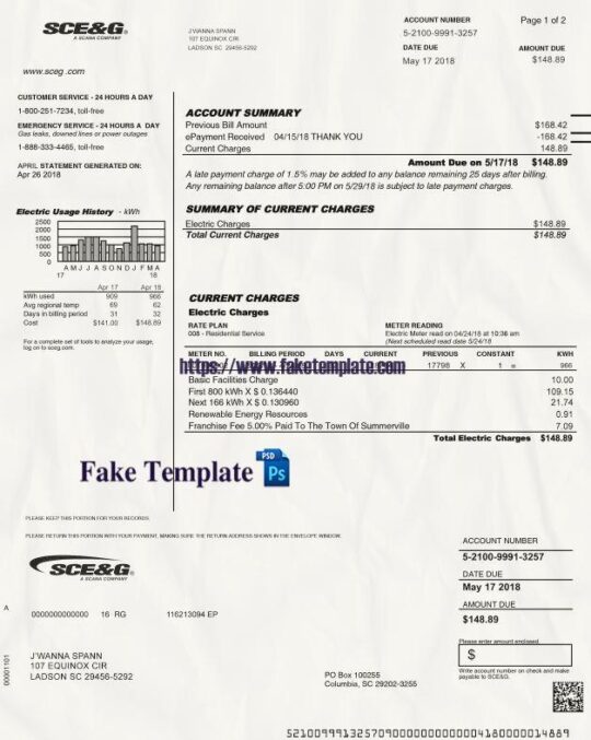 USA SCE&G Light Utility Bill Psd Template V3 : USA SCE&G Light Proof of address Psd Template
