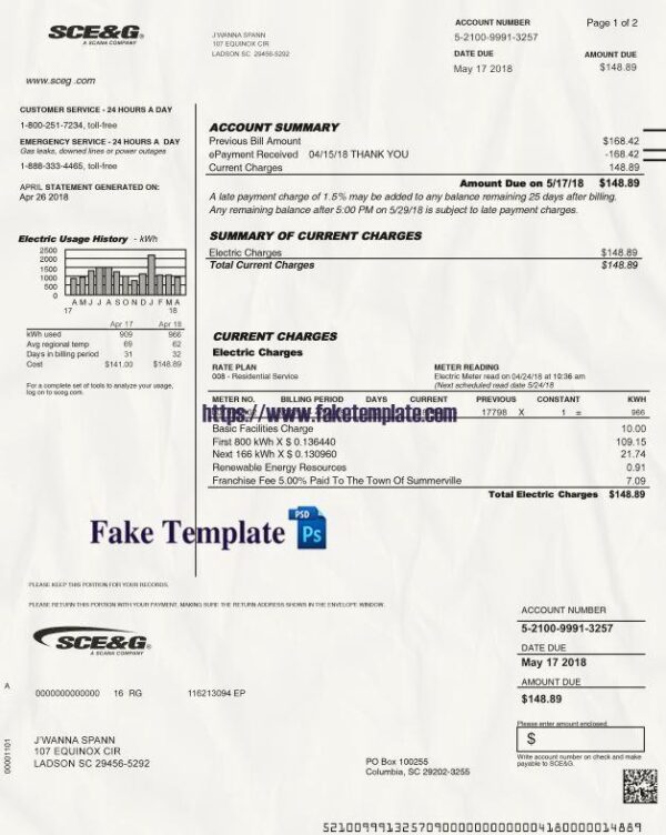 USA SCE&G Light Utility Bill Psd Template V3 : USA SCE&G Light Proof of address Psd Template
