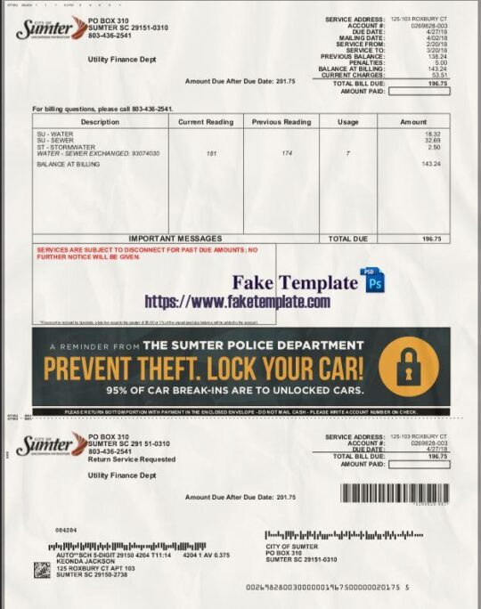 USA Sumter Water Utility Bill Psd Template V4 : USA Sumter Water Proof of address Psd Template