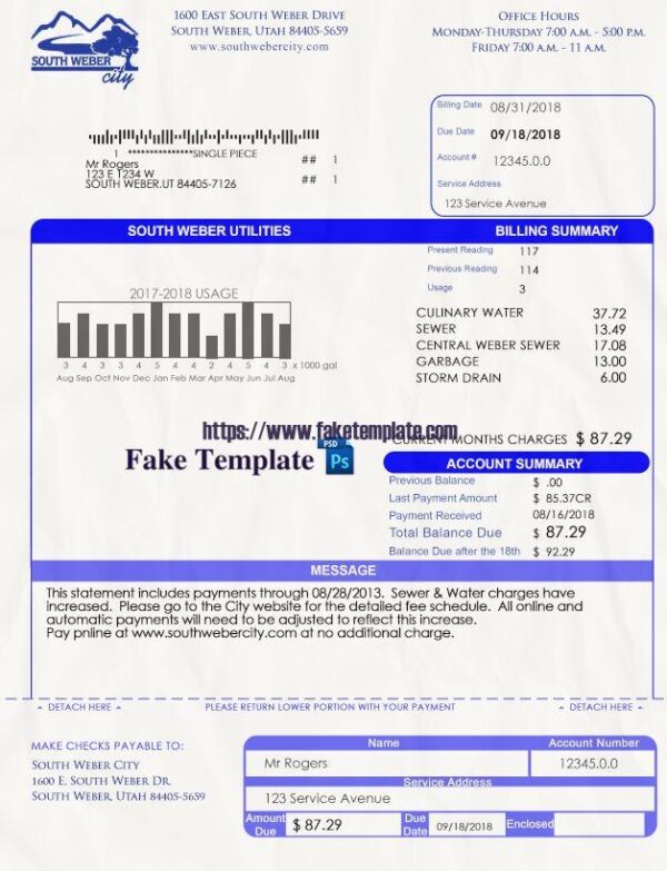 Utah Utility Bill Psd Template : Utah Utility Proof of address Psd Template