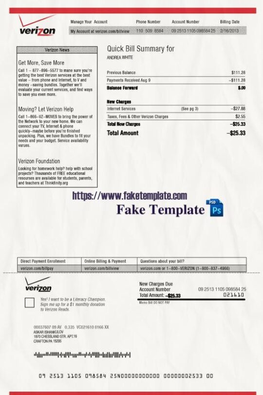 Verizon Service Utility Bill Psd Template : Verizon Service Utility Proof of address Psd Template