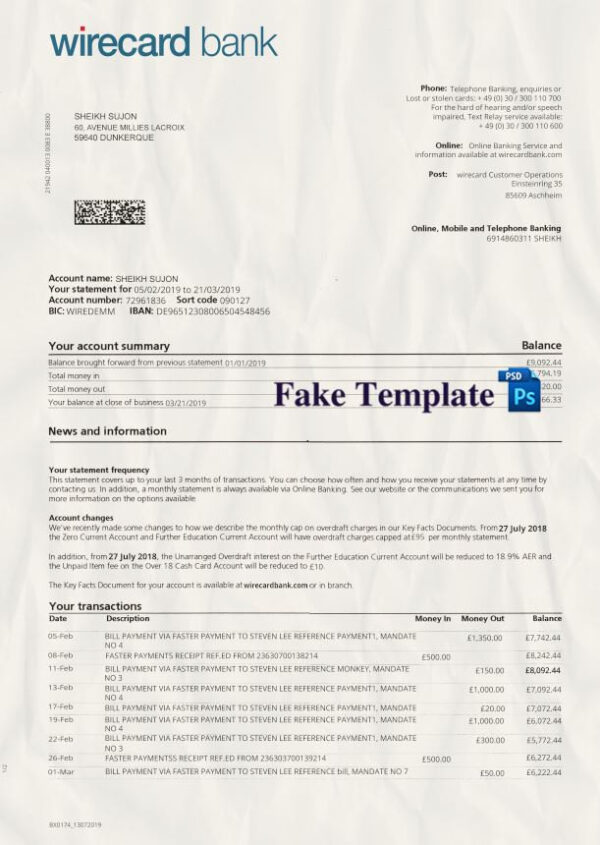 Wirecard Payoneer Bank Statement Template