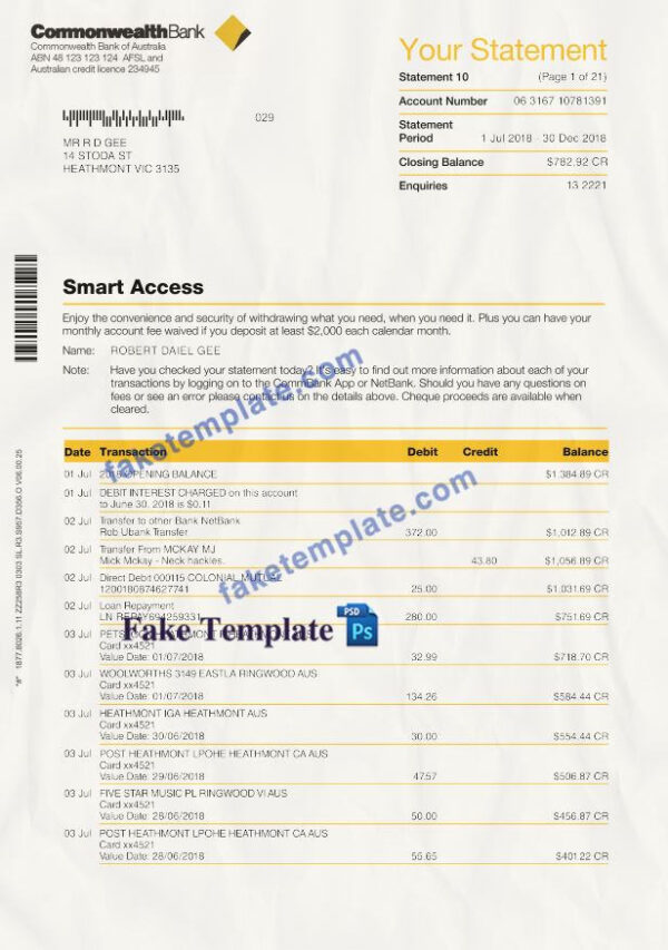 Commonwealth Bank Statement Template Psd