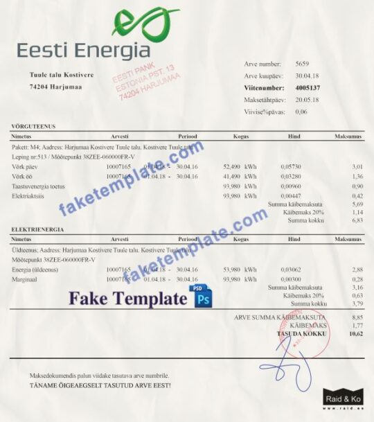 Estonia Utility Bill Template: Estonia Proof of address psd template