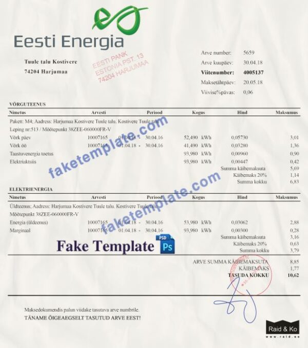 Estonia Utility Bill Template: Estonia Proof of address psd template