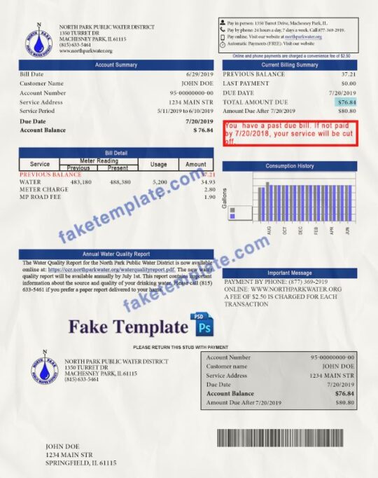 Illinois Water Bill Template: Illinois Proof of address psd template