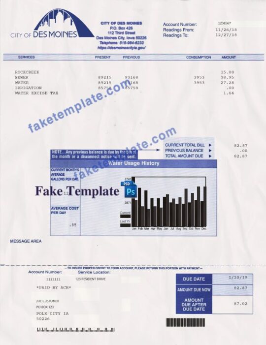 Iowa Water Utility Bill Template: Iowa Proof of address psd template