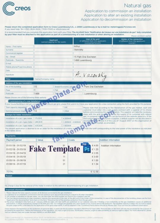 Luxembourg Gas Utility Bill Template: Luxembourg Proof of address psd template