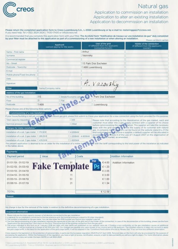 Luxembourg Gas Utility Bill Template: Luxembourg Proof of address psd template