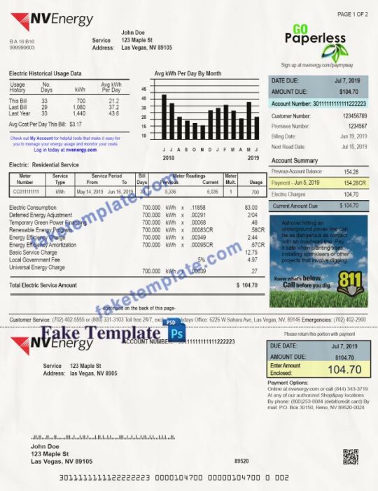 Nevada Utility Bill Template: Nevada Proof of address psd template
