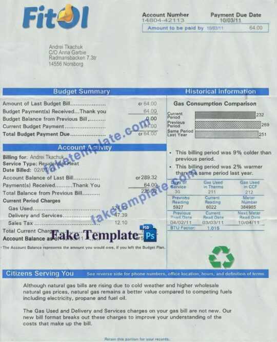 Sweden Utility Bill Template: Sweden Proof of address psd template