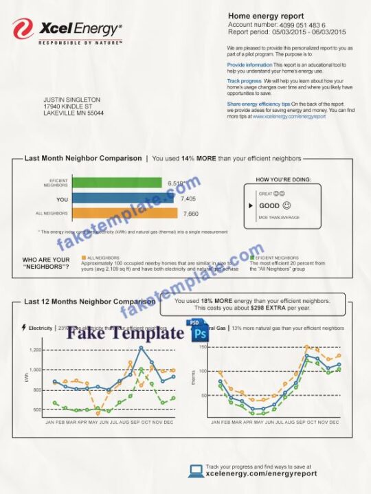 Xcel Energy Utility Bill psd Template: Xcel Energy Proof of address psd template – Colorado, Michigan, Minnesota, New Mexico, North Dakota, South Dakota, Texas, Wisconsin
